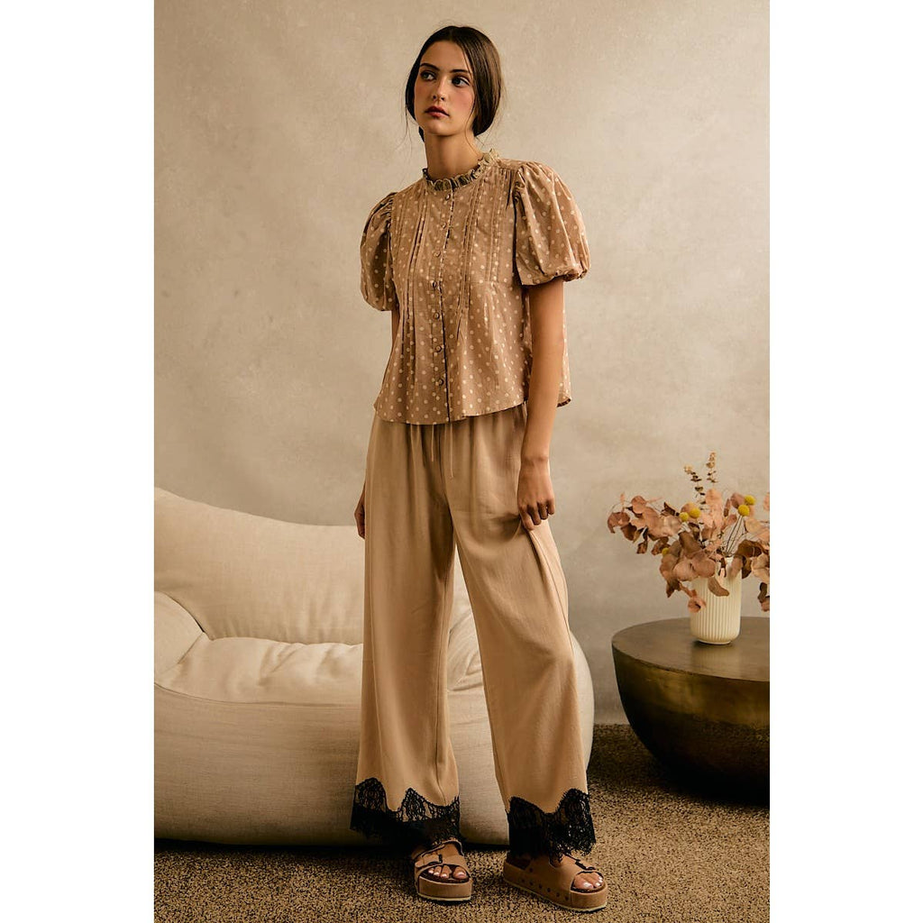 LINEN BLEND LACE TRIM PANTS