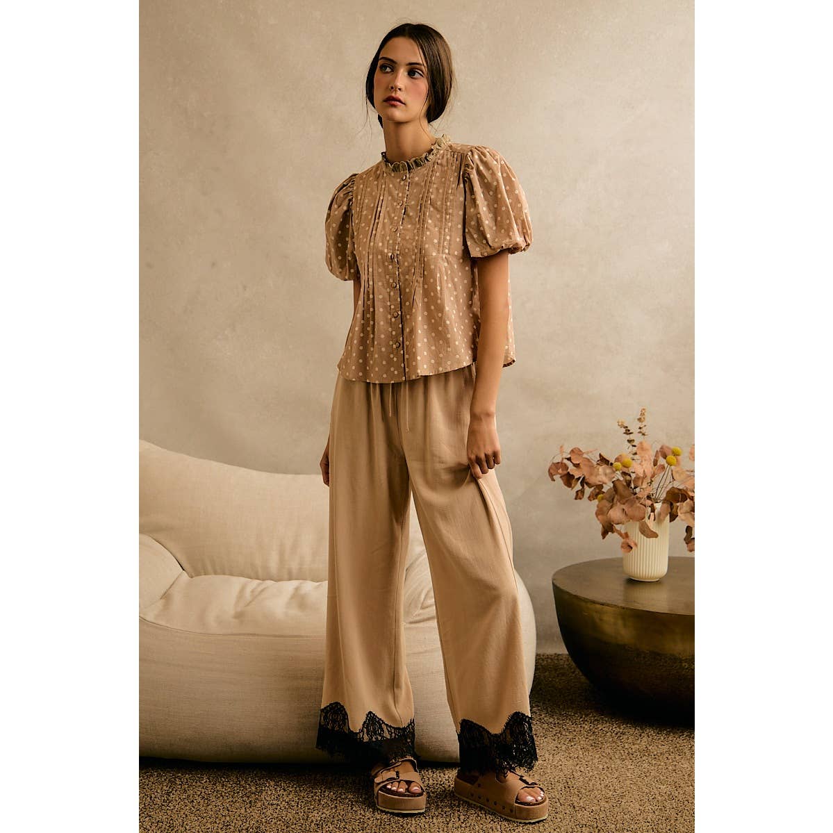 LINEN BLEND LACE TRIM PANTS