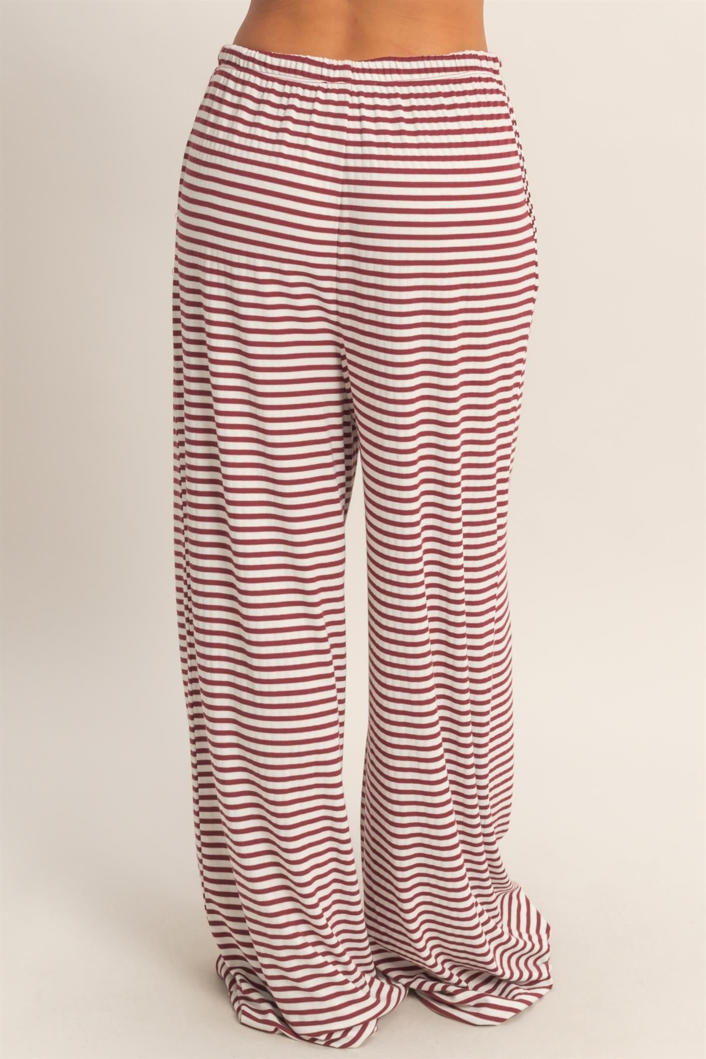 Striped Wide-leg Drawstring Pants Striped Wide-leg Drawstring Pants-Dark Red