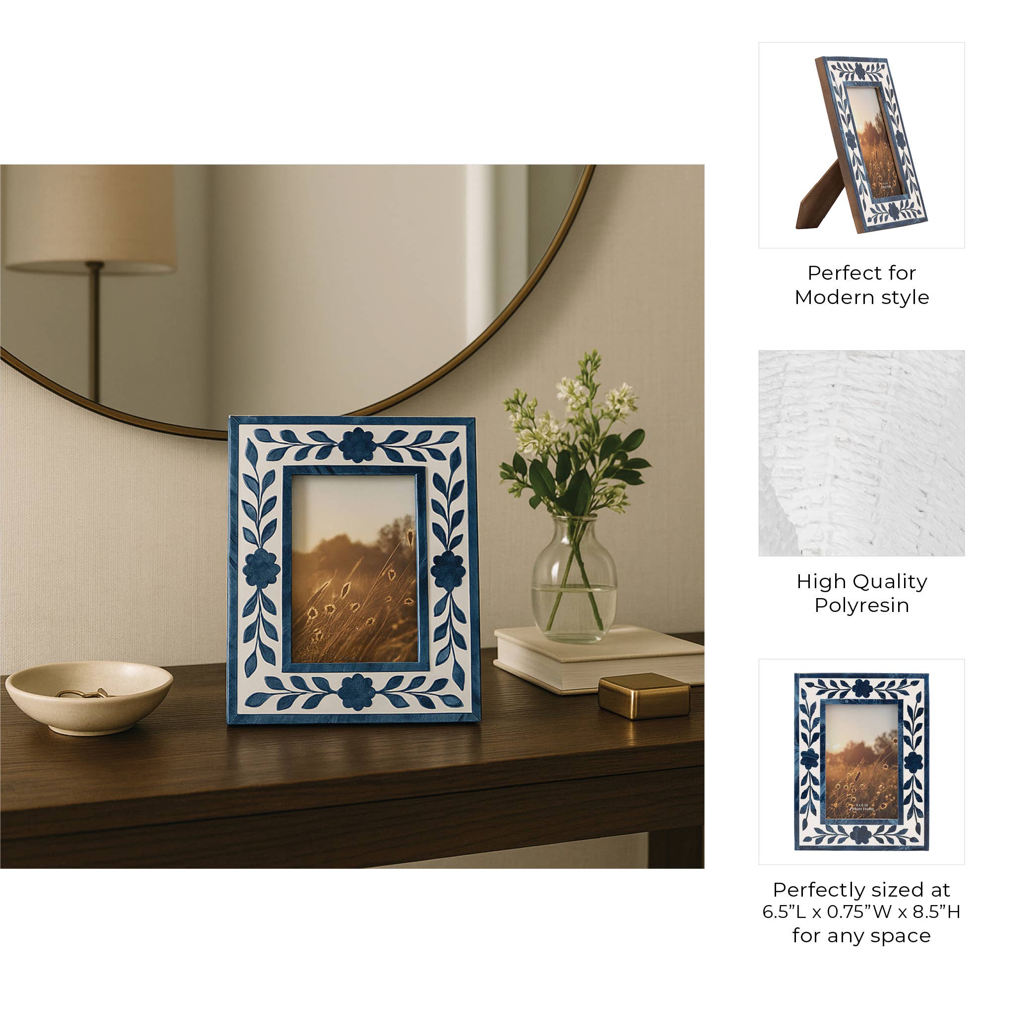 Photo Frame - Blue Resin/Wood Floral Petals, 4x6 in.