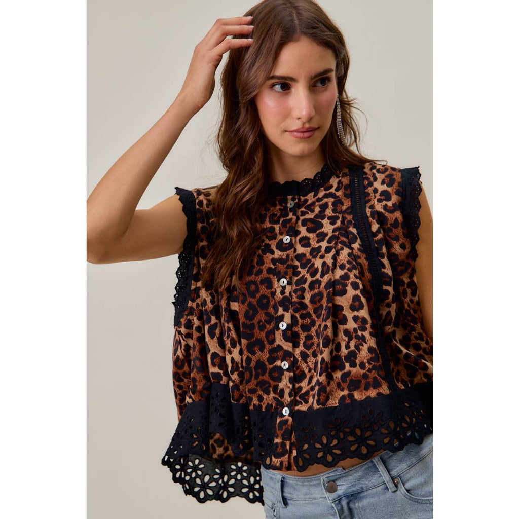 LEOPARD BTN UP PLEATED TOP