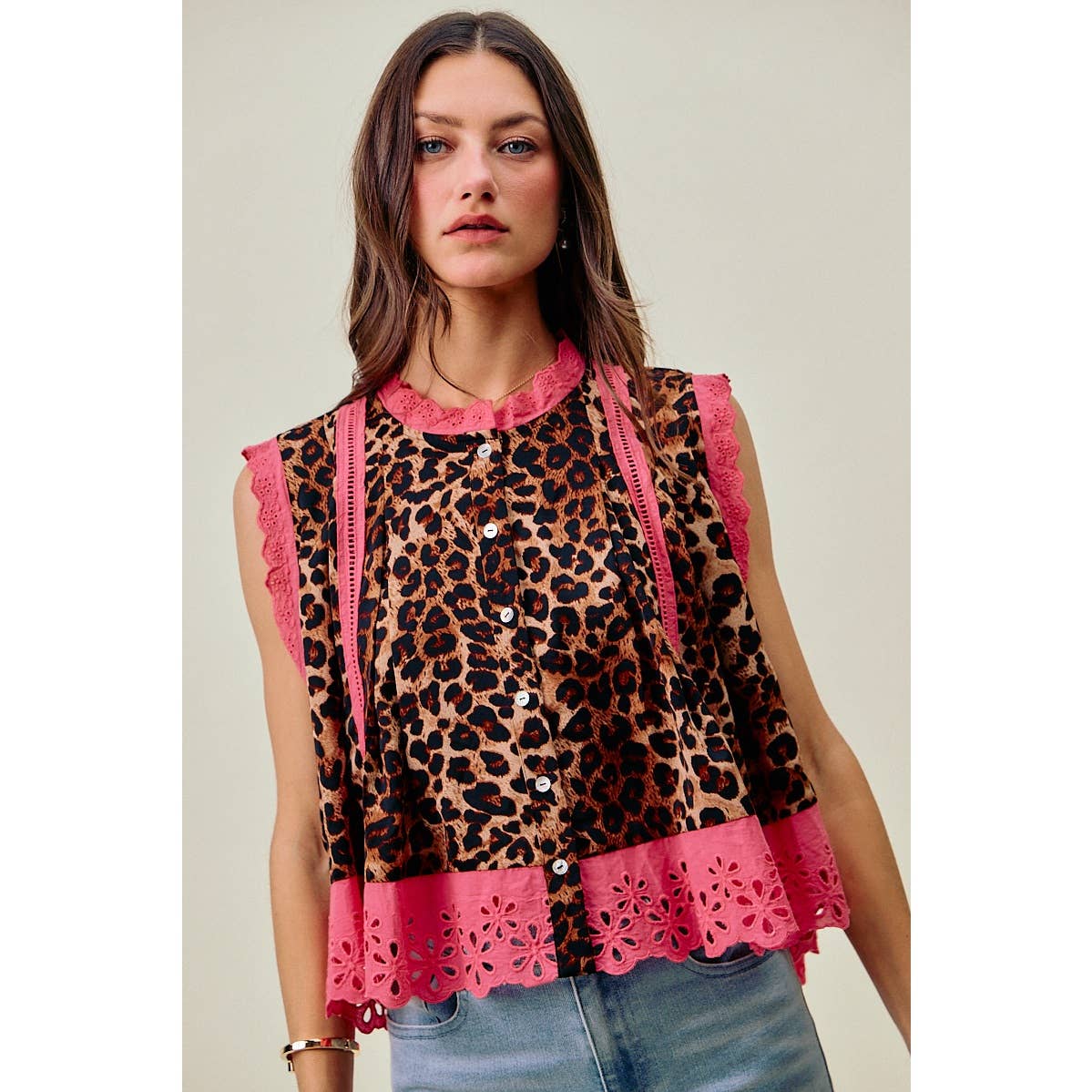 LEOPARD BTN UP PLEATED TOP
