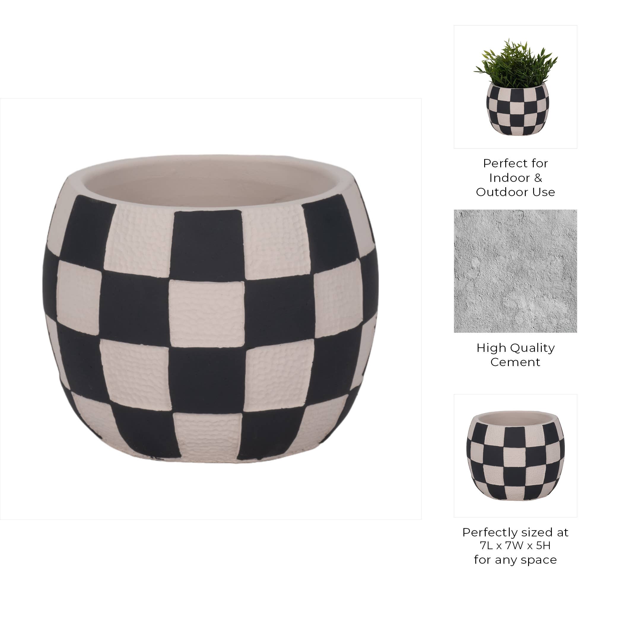 Planter - Black/White Pottery Checkerboard Rounded, 7 in.