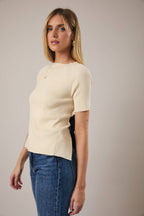 ROUND NECK HALF SLEEVE BACK TIE KNIT TOP