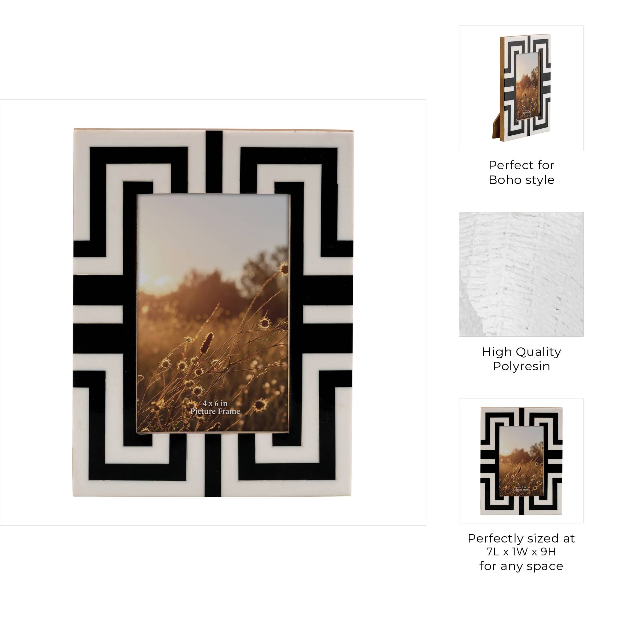 Photo Frame - Black Resin Wood Geometric Pattern, 4x6 in.