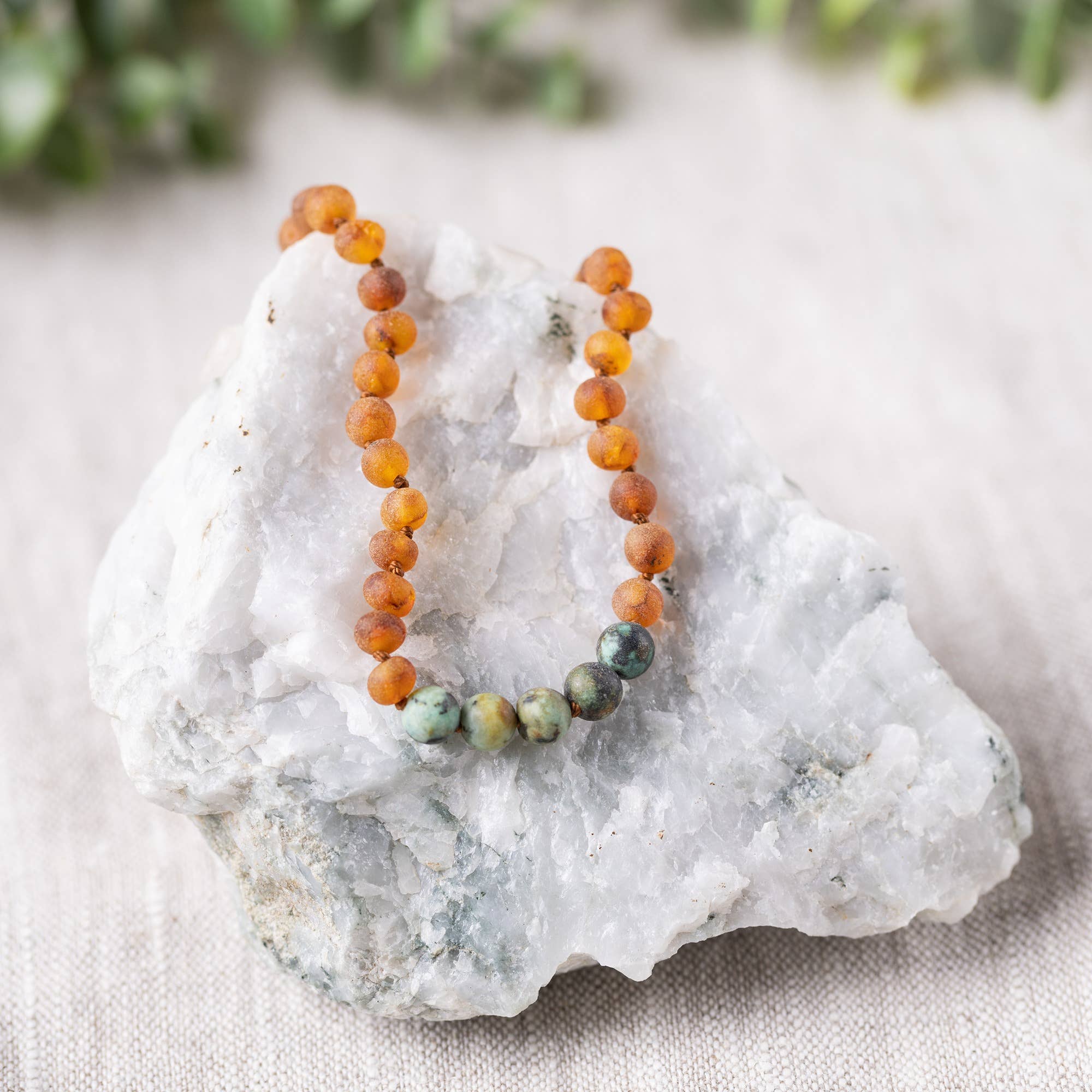 African Turquoise + Raw Baltic Amber Beaded Necklace