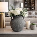Ceramic Ribbed Texture Weathered Handle Vase - Black, 10 in.
