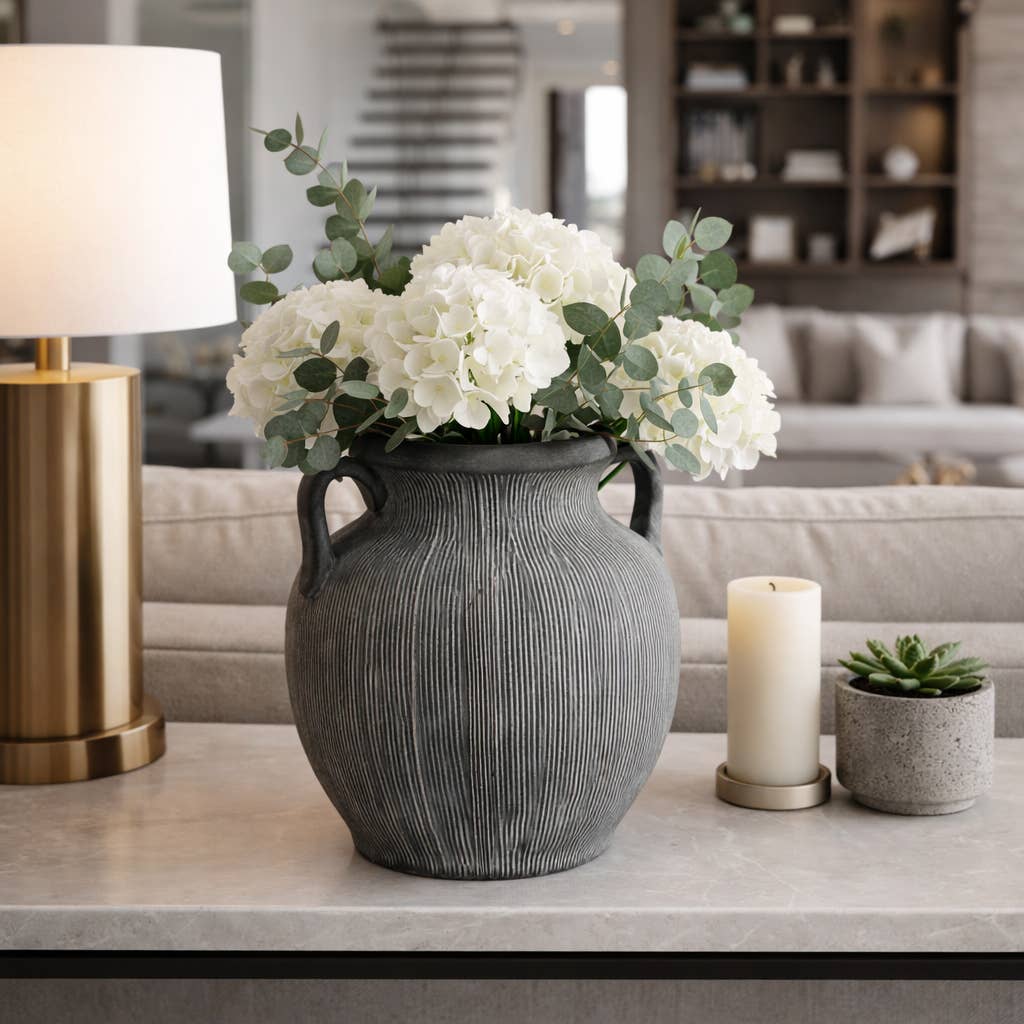 Ceramic Ribbed Texture Weathered Handle Vase - Black, 10 in.