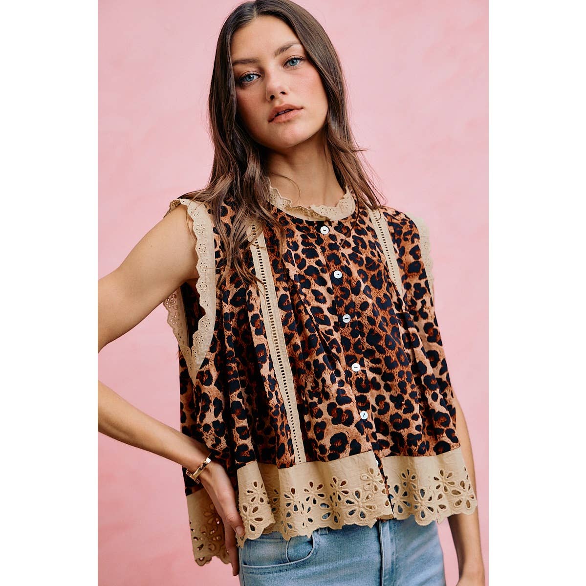 LEOPARD BTN UP PLEATED TOP