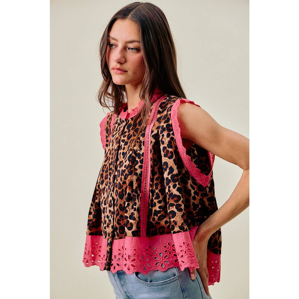 LEOPARD BTN UP PLEATED TOP