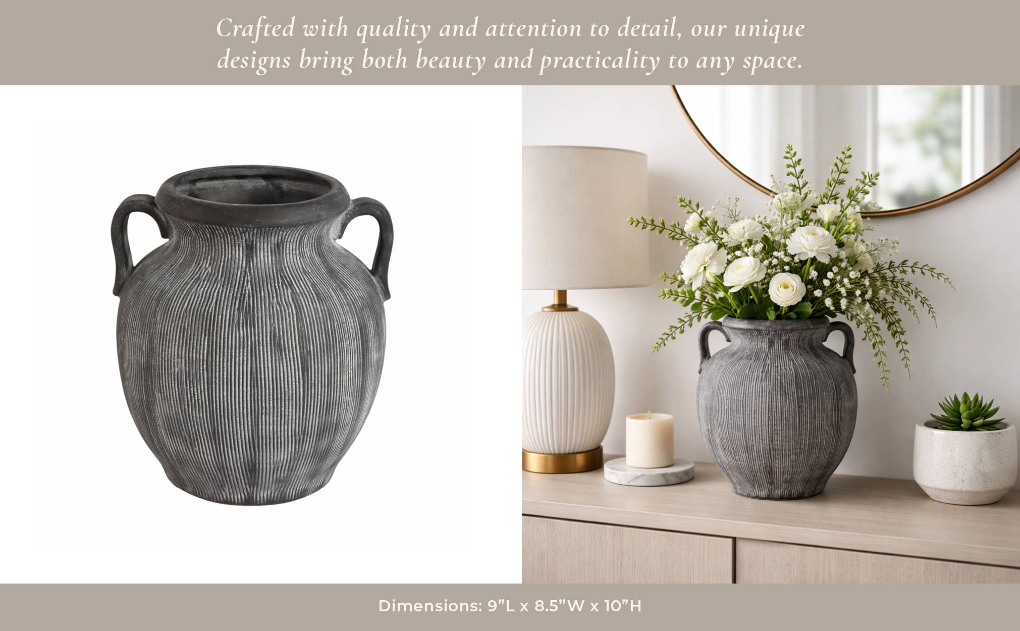 Ceramic Ribbed Texture Weathered Handle Vase - Black, 10 in.