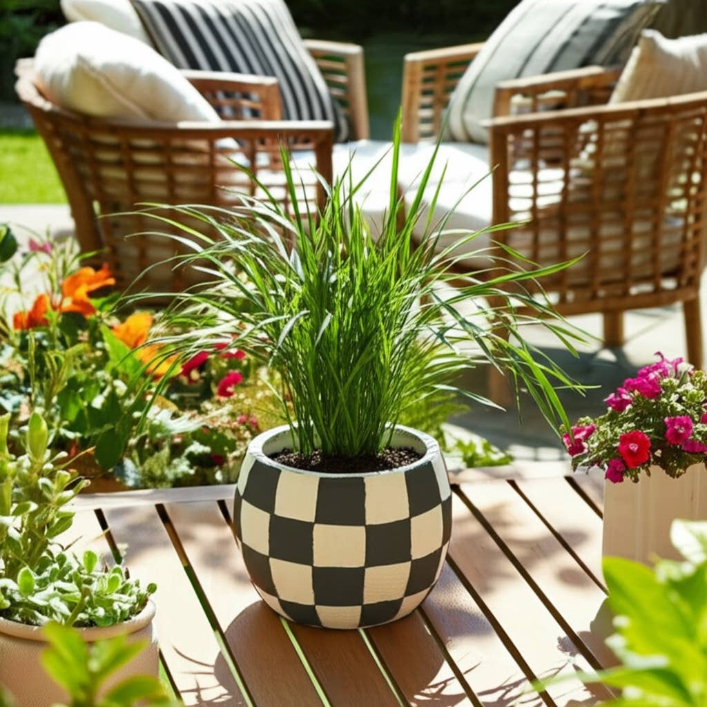 Planter - Black/White Pottery Checkerboard Rounded, 7 in.